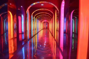 Colorful illuminated corridor reflecting on wet floor creating a psychedelic effect photo