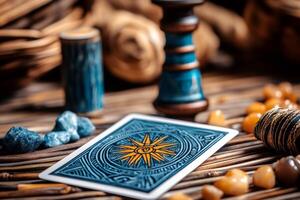 Sun card lying on table showing divination concept with crystals and wooden sticks photo