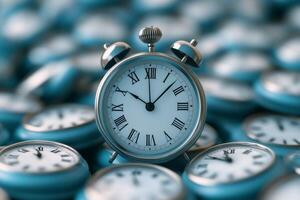 Classic alarm clock stands out among many clocks showing different times photo
