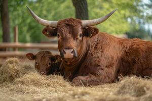 Dexter cattle resting on hay bale with calf in farm setting photo