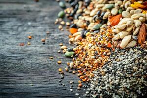 Various seeds lying on dark wooden table creating beautiful pattern photo