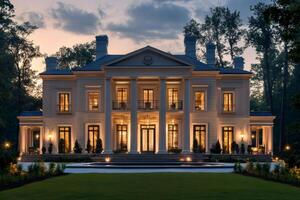 Luxurious neoclassical mansion illuminated at dusk with forest in background photo