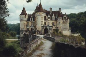 Stone bridge leading to the entrance of a french castle surrounded by trees and cloudy sky photo