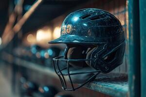Baseball helmet resting on shelf in dugout, ready for next game photo