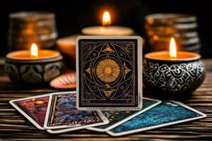 Fortune teller cards with esoteric back design surrounded by burning candles photo