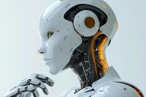 Futuristic android contemplating with hand on chin, artificial intelligence photo