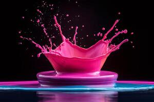 Pink paint splashing and making a crown shape on a colorful surface photo