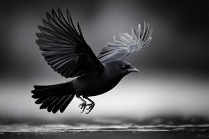 Blackbird taking off from water surface with wide open wings photo