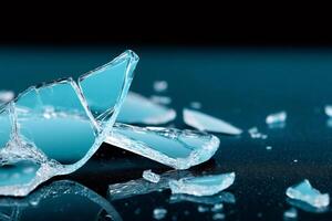 Broken glass shards reflecting on dark surface creating abstract composition photo