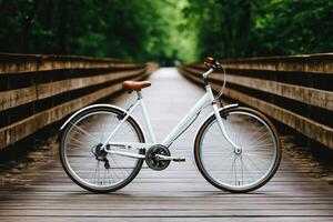 White bicycle standing on wooden bridge in green forest photo