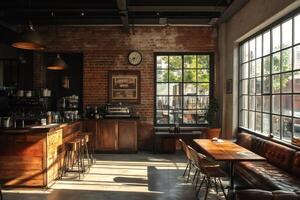 Sunlight entering empty industrial style coffee shop with brick walls photo