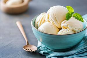 Delicious vanilla ice cream scoops with mint in bowl photo