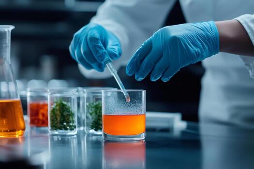 Scientist using pipette adding fluid in beaker with orange liquid during experiment photo