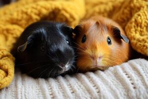 Two guinea pigs relaxing on knitted blanket photo