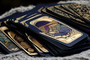 Deck of ornate tarot cards resting on soft grey fabric photo