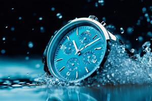 Luxury chronograph watch splashing into water, creating bubbles and ripples photo