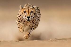 Cheetah running at full speed in the desert photo