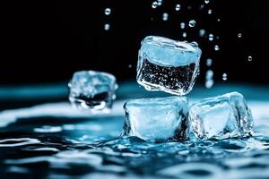 Ice cubes falling into water with splashing droplets on dark background photo