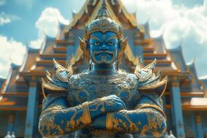 Giant blue guardian statue standing with folded arms in front of buddhist temple photo