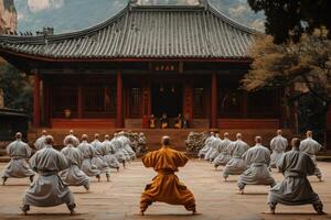 Shaolin monks practicing kung fu in front of temple photo