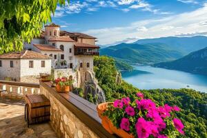 Breathtaking panoramic view of the monastery of saint nicholas overlooking the vratsa balkan mountains and lake photo