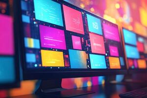 Modern workplace showing multiple computer screens displaying colorful user interface elements photo