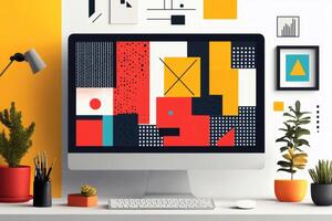 Modern graphic designer workplace showing abstract geometric artwork on computer screen photo