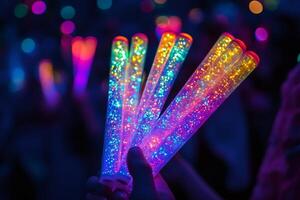 Hand holding colorful glow sticks at night party event photo