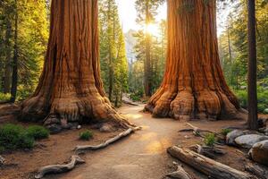 Sunlight illuminating path between two giant sequoia trees in sequoia national park photo