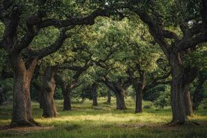 Majestic oak trees creating a natural archway in a lush green forest photo