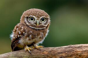 Pearl spotted owlet perching on branch with intense gaze photo