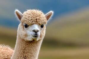 Portrait of alpaca looking at camera in nature background photo