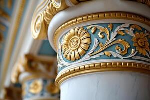 Elegant detail showing golden floral ornaments on architectural column photo