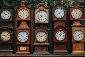 Antique clocks showing different times stand on shelf photo