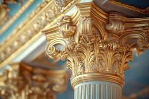 Golden acanthus leaf capital supporting ornate ceiling in grand hall photo