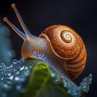 Snail crawling on a wet leaf with water drops in close up view showing its spiral shell photo
