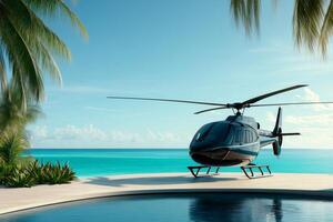 Luxurious helicopter parked near infinity pool overlooking tropical ocean photo