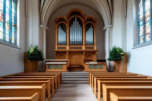 Large church pipe organ stands majestically in empty sanctuary with wooden pews photo