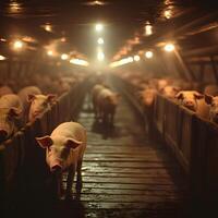 Pig standing in a pigsty looking at the camera surrounded by other pigs photo