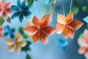 Colorful origami flowers hanging on a string, creating a beautiful decoration photo