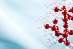 Red molecules forming complex structure with white spheres on light blue background photo