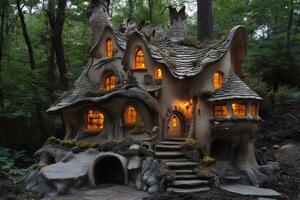 Fairytale mushroom house emerging from enchanted forest at twilight photo