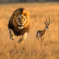 Male lion running and hunting a gazelle in the african savanna photo
