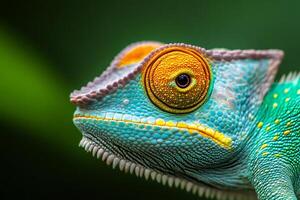 Colorful chameleon posing on a branch, a close up of exotic beauty photo