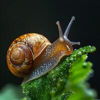 Snail crawling on green leaf with dew drops in dark background photo