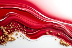 Red and white paint mixing with golden bubbles creating abstract pattern photo