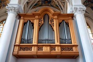Majestic church organ displaying impressive craftsmanship in a sacred setting photo