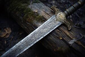 Medieval sword resting on mossy log in a forest setting photo