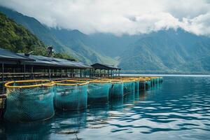 Fish farm structures floating on a lake with mountains in the background photo