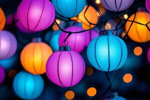 Colorful paper lanterns illuminating the night with bokeh effect photo